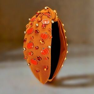 Pumpkin Embellished Orange Headband Enamel Pumpkin Crystal & Gold beads New